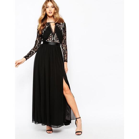 Fame and Partners Geo Heartline Lace Panel Long Sleeve Maxi Dress Black Size 2 - Picture 1 of 9